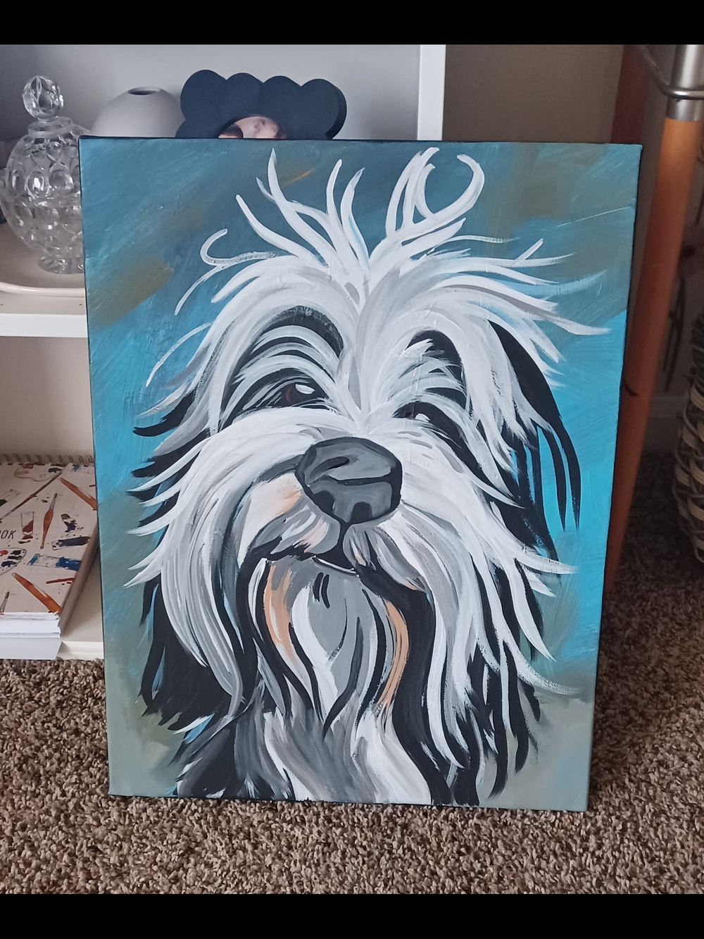 Original Acrylic Hand-Painted White & Black Dog Art Painting - Home Art Painting - Picture 3 of 4